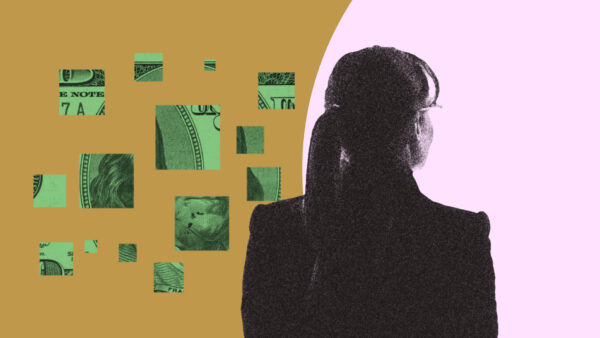 Silhouette of a woman next to images of dollar bills