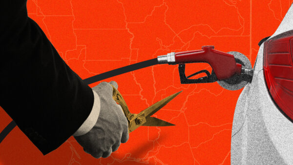 A man holding scissors goes to cut a traditional gas pump filling a white car on a red background