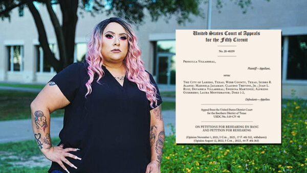 Priscilla Villarreal is seen next to a copy of a ruling from the U.S. Court of Appeals for the 5th Circuit