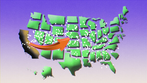 a purple ombre background with a green map of the United States. all states but California are green, and an arrow symbolizes Californians migrating out of the state.