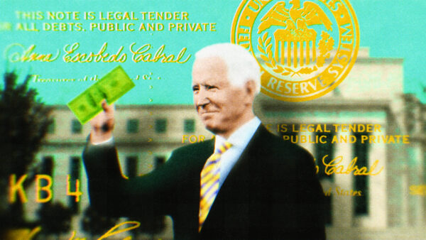 Art with Biden holding money in the foreground, with a teal sky, yellow monetary stamp, and building in the background
