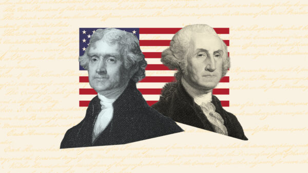 Presidents Thomas Jefferson and George Washington pictured in front of an American flag