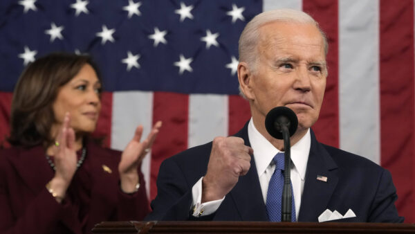 Biden in foreground and Kamala Harris in background during 2023 State of the Union Address