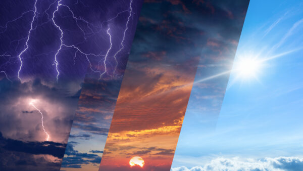 a photo sliced up to show several different weather and time shots