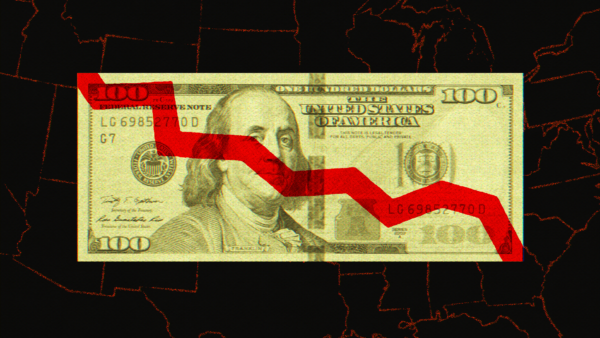 A $100 bill in front of a map of the U.S., with a declining line graph superimposed on top.