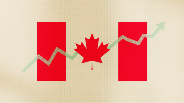 An upward trending chart over the Canadian flag