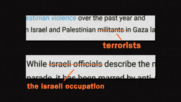 Text over a black background, reading "Palestinian militants" with "militants" crossed out and replaced with terrorists. "Israeli officials" is crossed out and replaced with "the Israeli occupation."