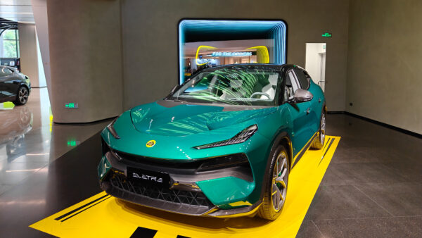 A green electric vehicle seen on display in China
