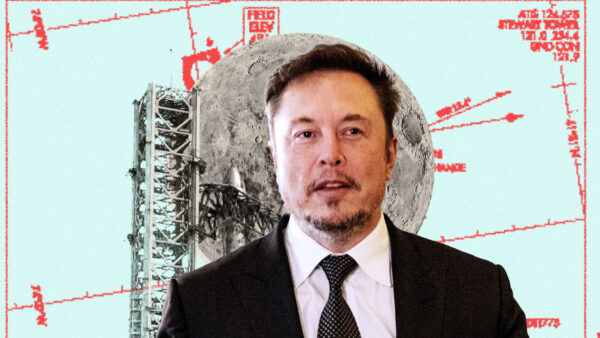 Elon Musk in front of a Starship vehicle launch
