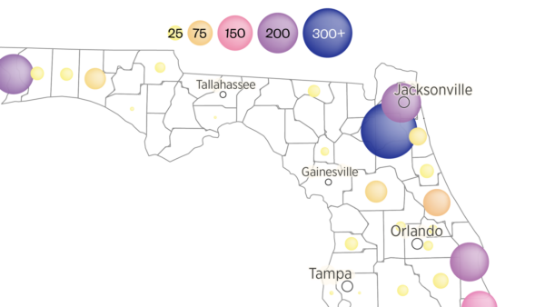 A portion of an infographic showing how many books Florida school districts have banned