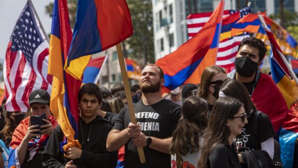 Armenian Americans hold a rally for genocide remembrance in Beverly Hills on April 24, 2021.