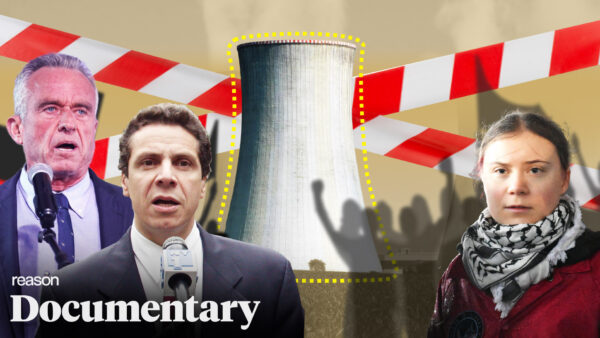 Andrew Cuomo, RFK Jr., and Greta Thunberg with protesters in front of a nuclear power cooling tower.