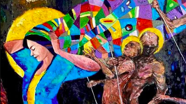 A painting by Syrian Kurdish American artist Lukman Ahmad titled 'The Other Side of the Coin.'
