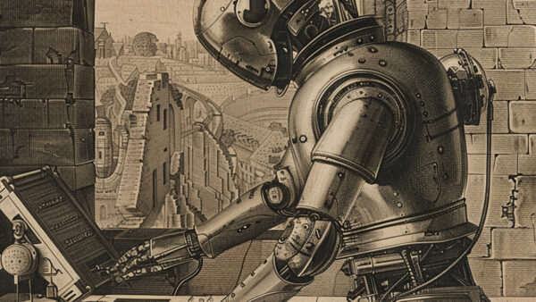 An image generated using the prompt, “Gutenberg’s printing press incorporating artificial intelligence as an etching."