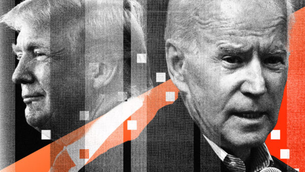Former President Donald Trump and President Joe Biden against a black and gray and orange background with white boxes