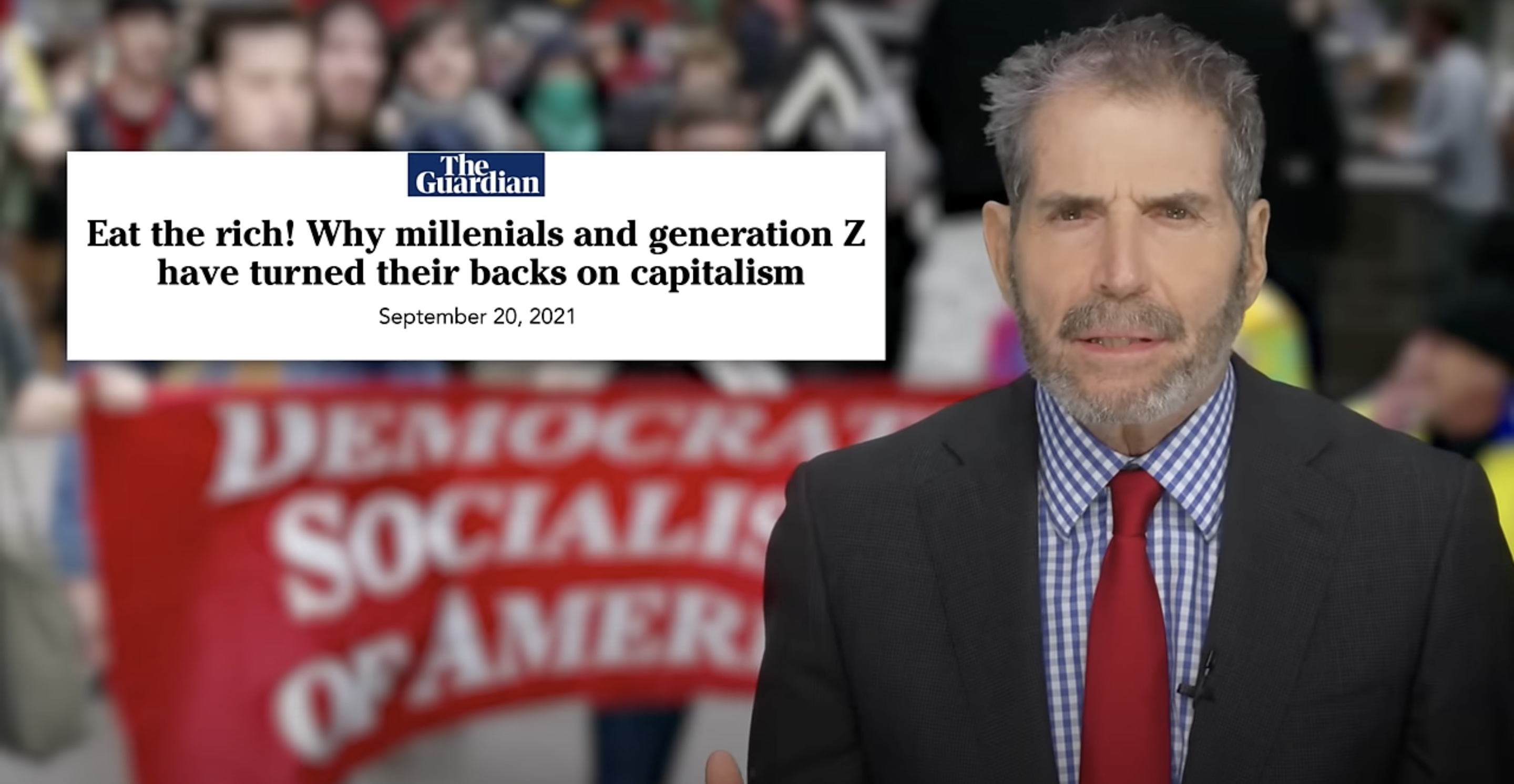 John Stossel is seen in front of a Democratic Socialists of America protest next to a headline that says "eat the rich"