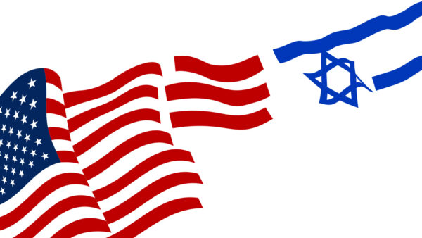 An illustration of the American flag flowing into the Israeli flag