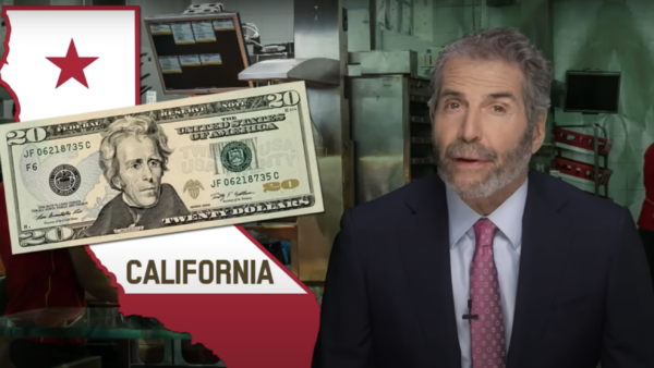 John Stossel is seen next to a picture of California and $20