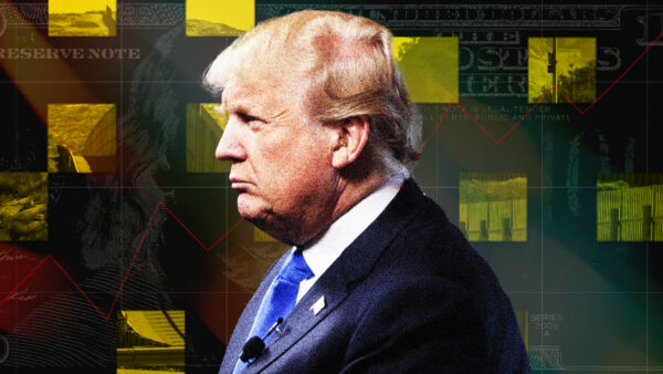 Former President Donald Trump in profile, against a backdrop of a U.S. $100 bill with pictures of immigration enforcement fencing interspersed throughout.