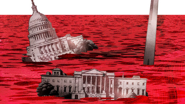 An illustration of federal government buildings drowning in red ink to symbolize debt