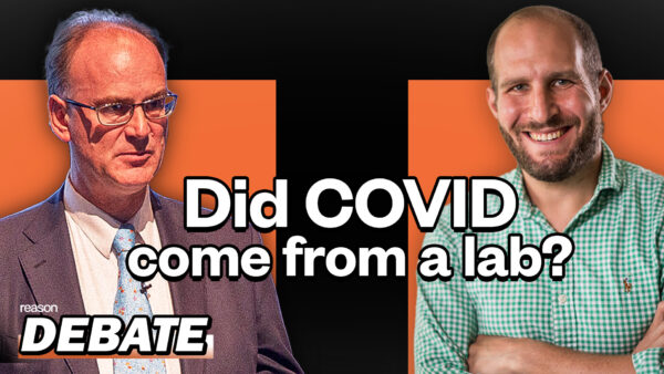 Pictures of Matt Ridley and Stephen Goldstein with a black and orange background and the words in white "Did COVID come from a lab?" with the word 'DEBATE' in white