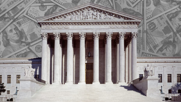 The U.S. Supreme Court Building, against a backdrop of U.S. $100 bills.