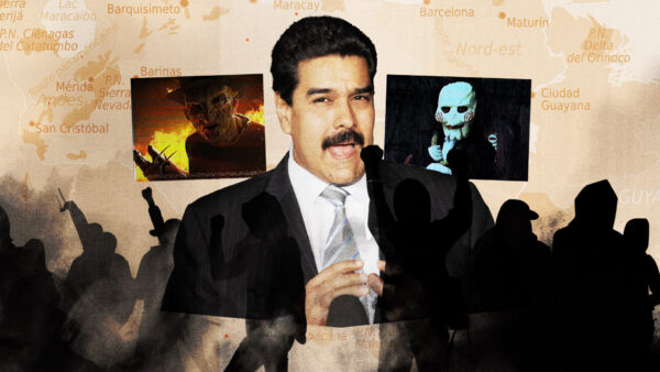 Nicolás Maduro in front of dissenters and images from horror movies