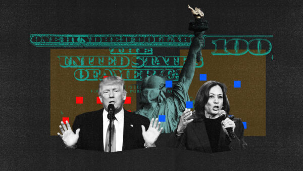Donald Trump and Kamala Harris standing in front of silhouette of money