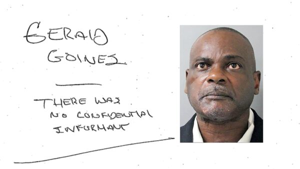 A photo of former Houston narcotics officer Gerald Goines next to his written response to a question about a drug warrant