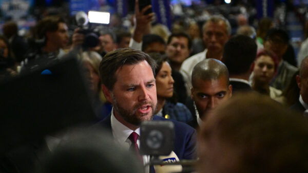 Republican vice presidential nominee J.D. Vance speaks to reporters
