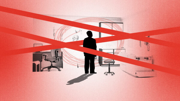 A red background with black outlines of a doctors office and a shadowy figure standing in the middle with red tape across the image