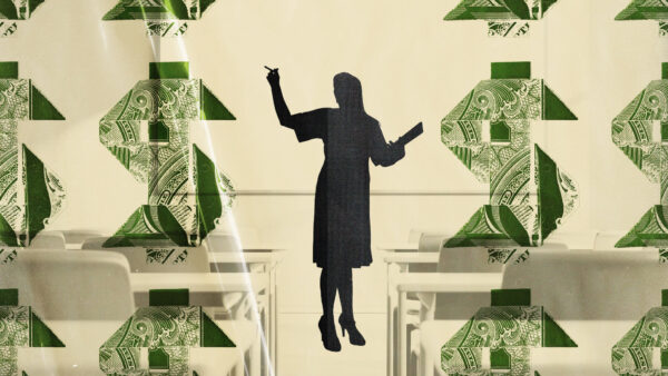 Teacher in front of classroom with dollar signs that have a money pattern across the image