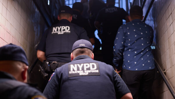 NYPD officers in a subway station in May 2023.