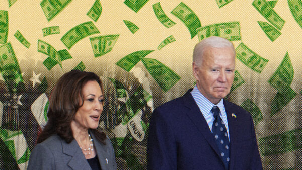 Kamala Harris and Joe Biden are seen below raining cash