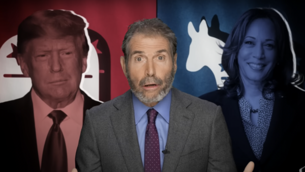 John Stossel is seen between Donald Trump and Kamala Harris