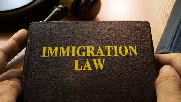 Immigration law book on an office table.