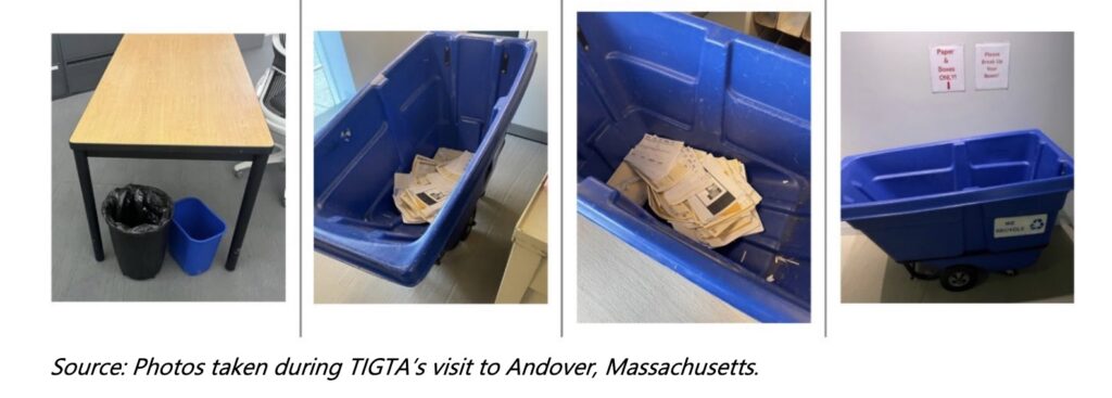 Photos from an inspector general report, showing sensitive documents torn up and placed into open recycling bins. | U.S. Treasury Department Inspector General