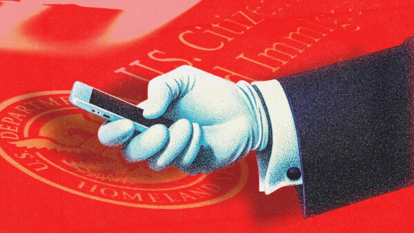 Someone using a smartphone with the logo of U.S. Customs enforcement in the background