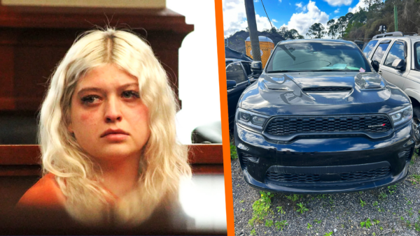 A photo of Lindsey Isaacs in a courtroom alongside a photo of a Dodge Durango