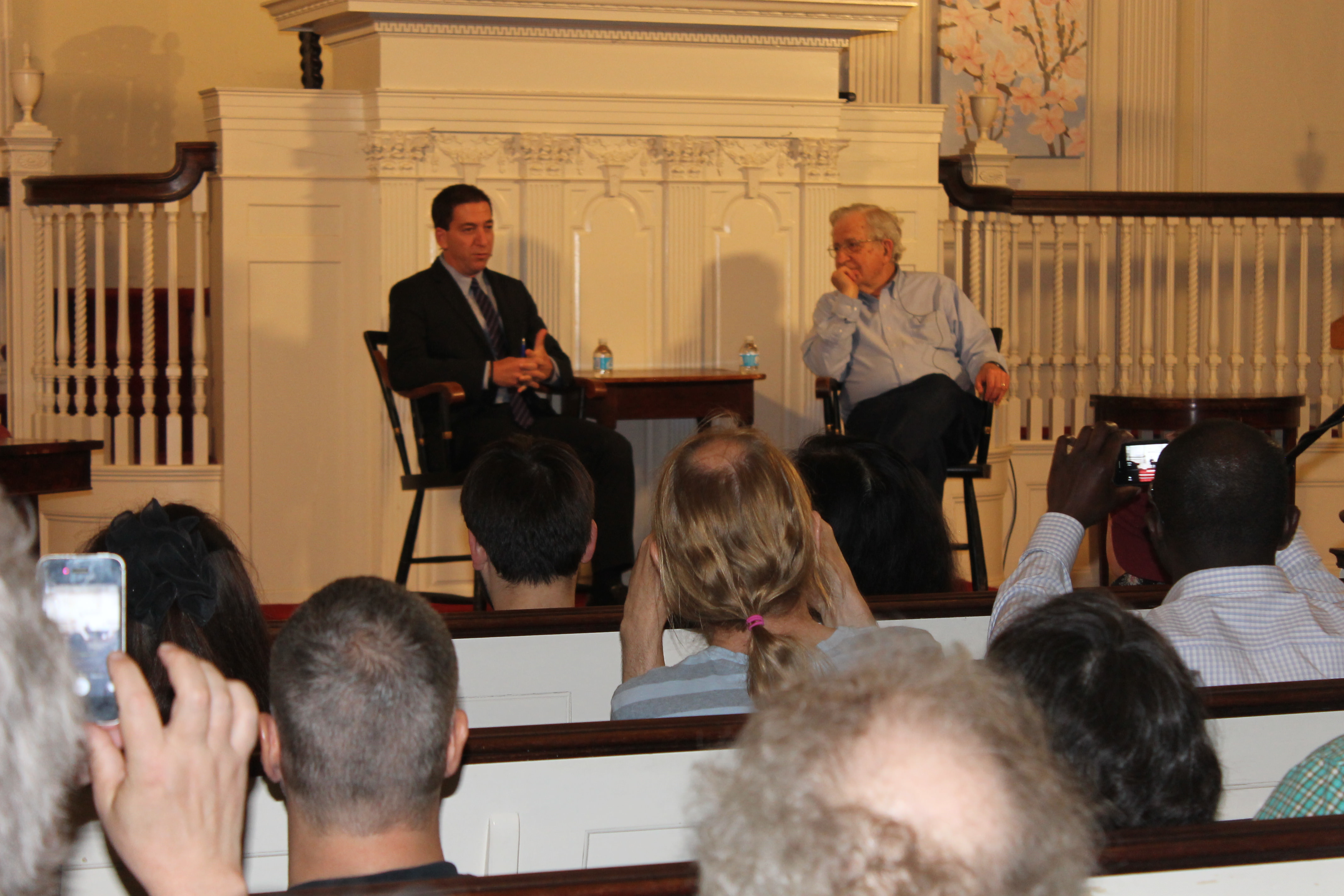 Glenn Greenwald, left, and Noam Chomsky, discuss Greenwald's new book about Edward Snowden and NSA surveillance.