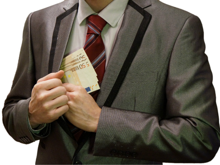  Corrupt man in a suit putting euro banknotes into his pocket. 