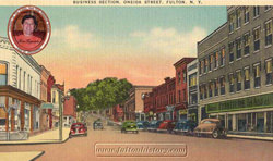Downtown Fulton in the 1930s. A postcard of old Fulton, NY from Tom Tryniski's website.