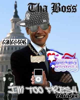 Looks like I have to explain the joke, so here goes: The president is talking trash on Vegas, again, in a way that plays to the stereotype of a high-rolling, blingtastic town. By posting an image of him dressed as the embodiment of bling (the site that creates this image is called "Blingee"), I am making an ironic commentary, roughly akin to posting a pic of Tipper Gore wearing an Ozzy Osbourne shirt. The use of Blingee on political figures was popularized by the humor site Wonkette (http://wonkette.com/412797/a-decade-of-blingees-2007-2009), which is not generally racist against black people. Neither am I.